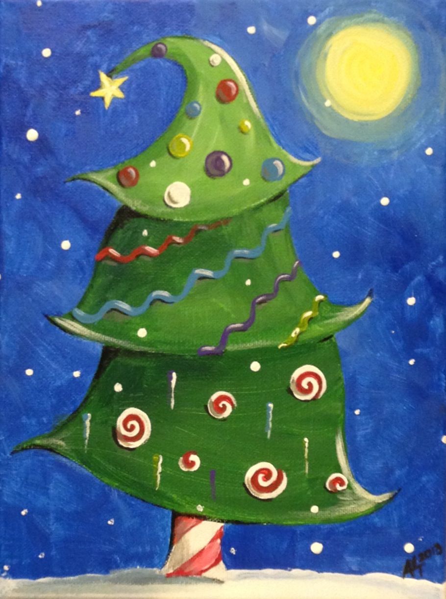 910x1221 Whimsical Christmas Tree Acrylic On Canvas Paint And Wine - Whimsical Christmas Painting