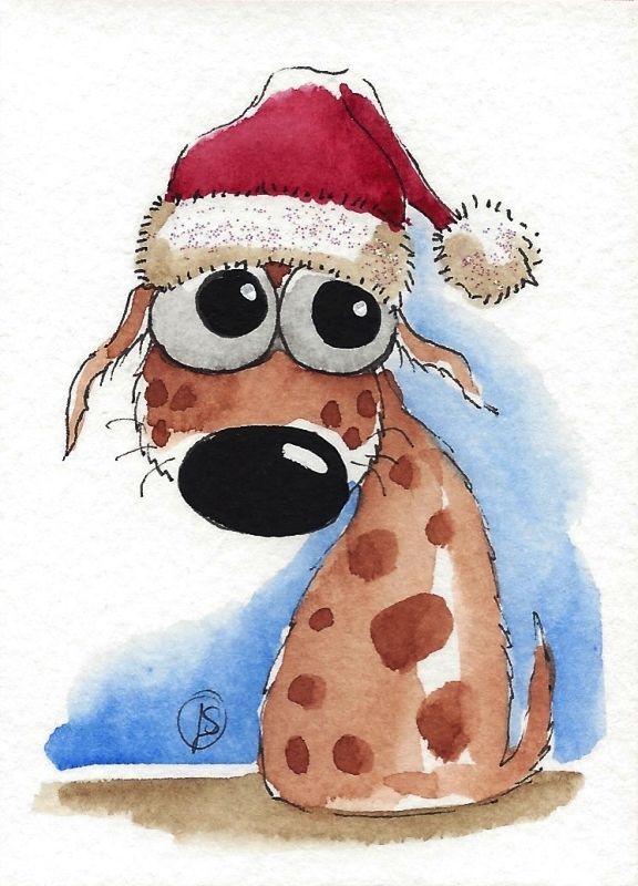 576x800 Aceo Original Watercolor Whimsical Animal Painting Art Puppy Dog - Whimsical Christmas Painting