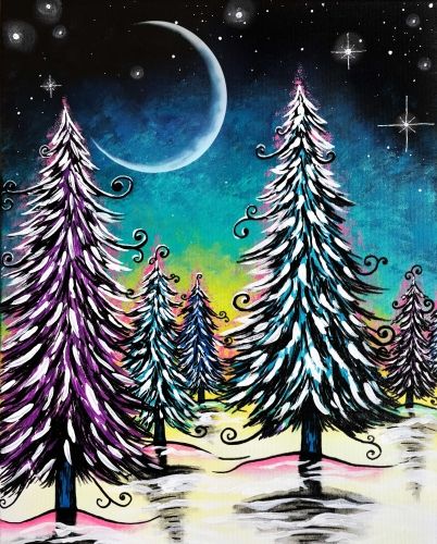 402x500 Whimsical Tree Painting In The Snow With Twirls, Moon And Stars. 7 - Whimsical Christmas Tree Painting
