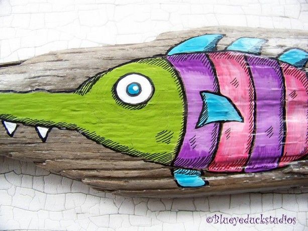 613x460 Sold] Hilarious Saw Fish Hand Painted Driftwood Original Folk Art - Whimsical Fish Painting