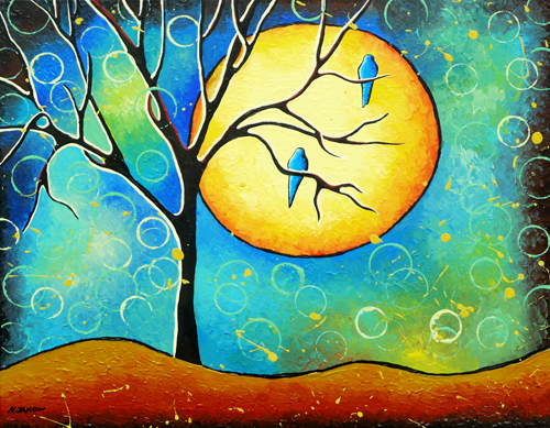 500x389 Whimsical Blue Birds Painting By Hjmart - Whimsical Painting