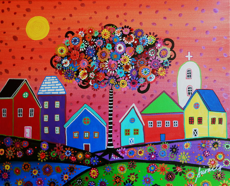 900x728 Whimsical Town Painting By Pristine Cartera Turkus - Whimsical Painting