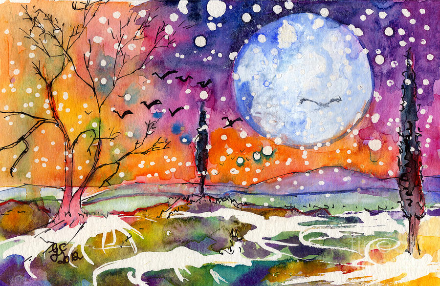 900x586 Winter Moon Whimsical Landscape Painting By Ginette Callaway - Whimsical Painting