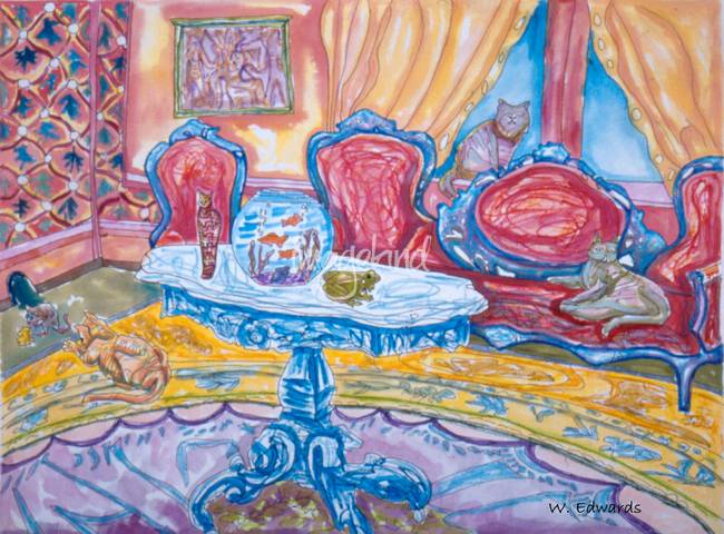 650x480 Cat Watercolor Painting, Cat Art Print, Whimsical By Wanda Edwards - Whimsical Painting