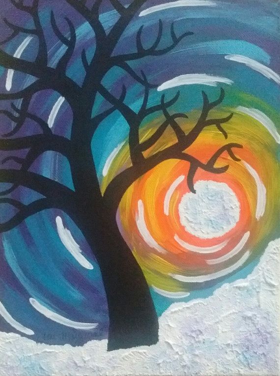 570x765 Snowy Tree Painting, 9x12 Acrylic Painting, Colorful Rainbow Tree - Whimsical Tree Painting