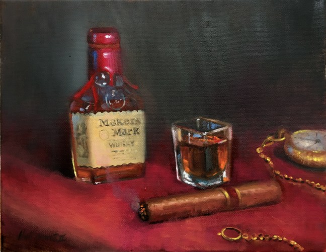 648x501 Maker's Mark Whiskey With Cigar In. Original Oil On Canvas - Whiskey Painting