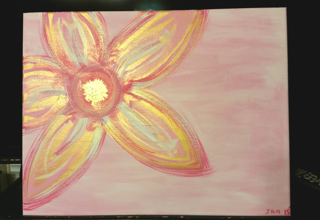 1280x880 Large Acrylic Canvas Speed Painting Pink Gold White Flower - White And Gold Painting