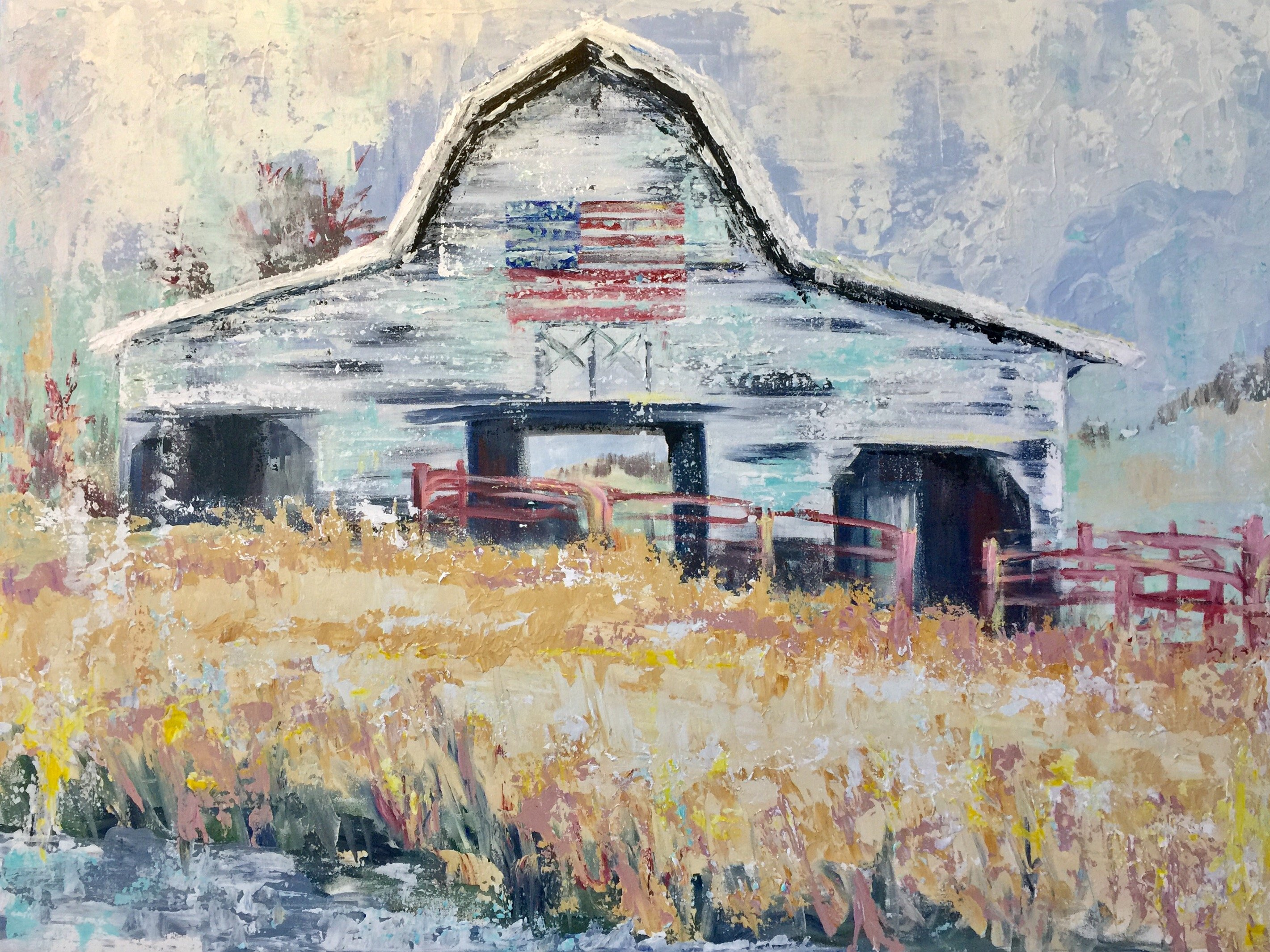 2841x2131 White Barn With Goldenrod Giclee Farmhouse Prints Of Art By Sophie - White Barn Painting