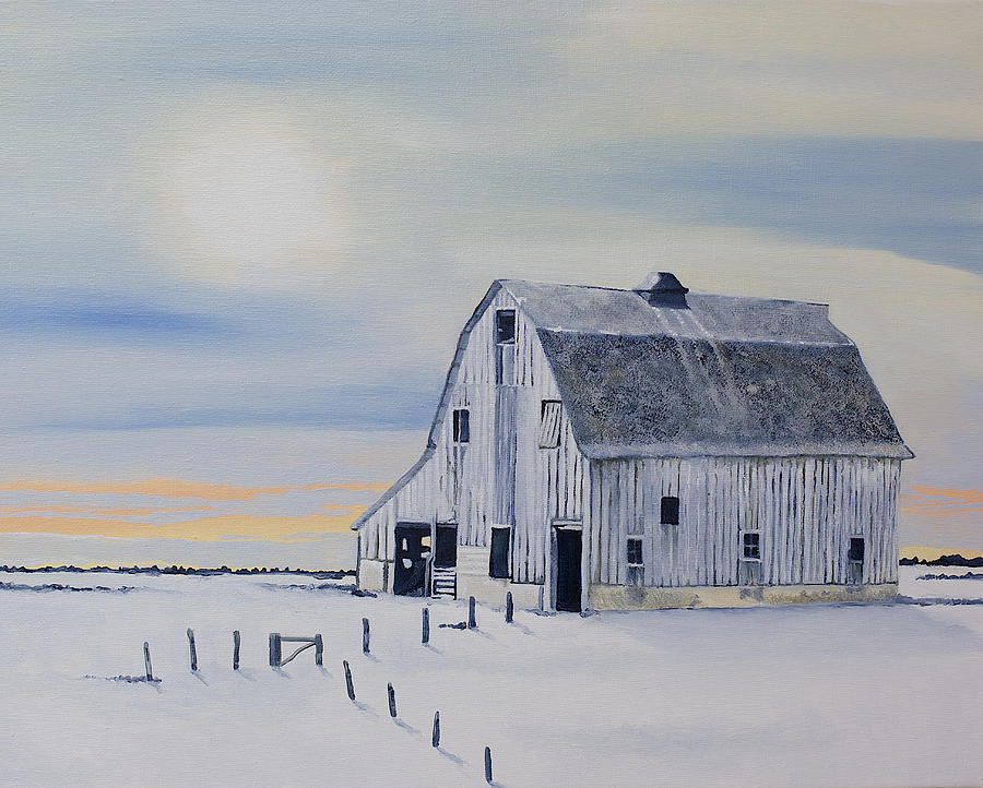 900x722 Winter White Barn Painting By Gwen Thelen - White Barn Painting
