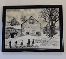 225x202 Framed Painting Signed H Hargrove Barn Being Painted Coca - White Barn Painting