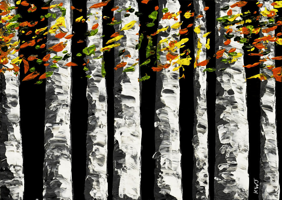 900x639 White Birch Trees In Fall On Black Background Painting Painting By - White Birch Painting