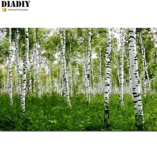 640x640 Diy Round Diamond Mosaic White Birch Spring Handmade Diamond - White Birch Painting