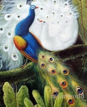 299x365 Peacock Pair Blue And White Bird Garden Tree, Pure Hand Painted - White Bird Painting