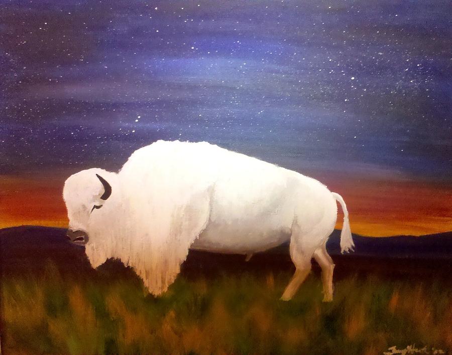 900x708 Night Of The White Buffalo Painting By Sherry Hunter - White Buffalo Painting