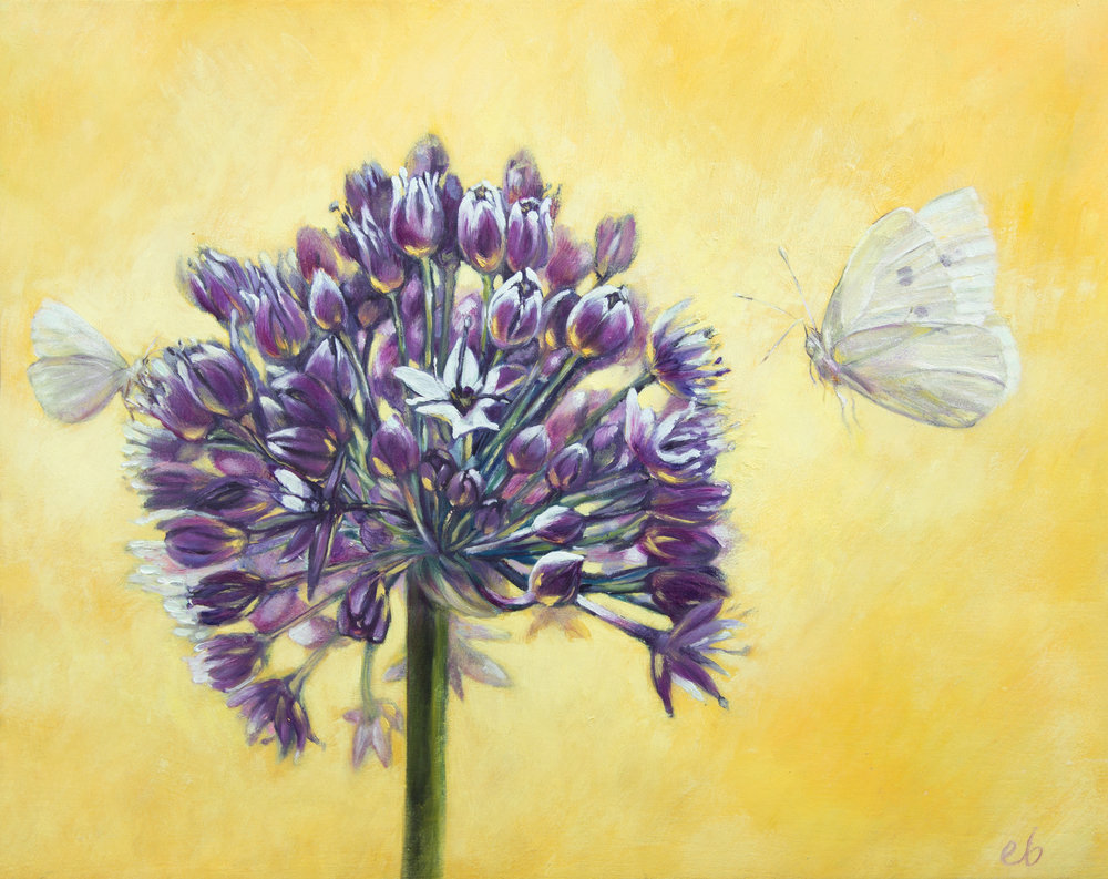 1000x793 Purple Allium Bloom With White Butterfly Original Oil Painting By - White Butterfly Painting