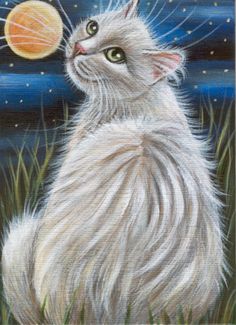 236x325 Norwegian White Cat Oil Painting Animal Pet Art Portrait Original - White Cat Painting