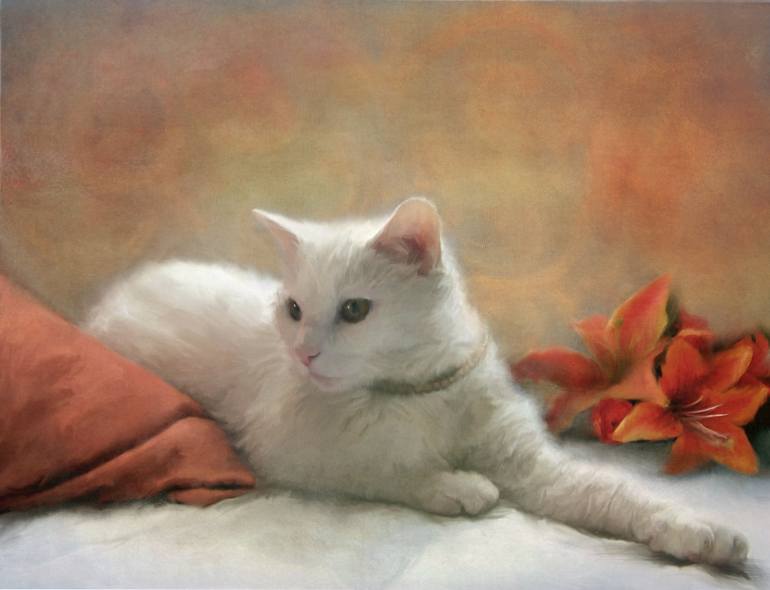 770x590 Saatchi Art White Cat With Tiger Lily Painting By Katrina Jones - White Cat Painting