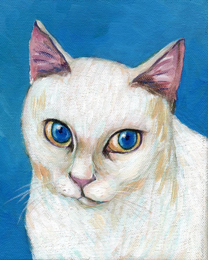 718x900 An Elegant White Cat With Blue Eyes Painting By Jingfen Hwu - White Cat Painting
