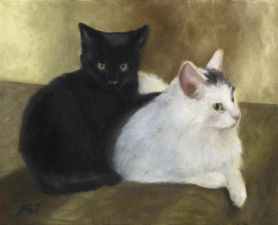 900x726 Black And White Cats Painting By Mary Gingrich - White Cat Painting