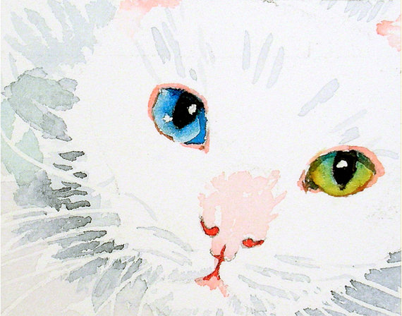 570x448 Cat Artwork White Cat Art Print White Kitty Blue Green - White Cat Painting
