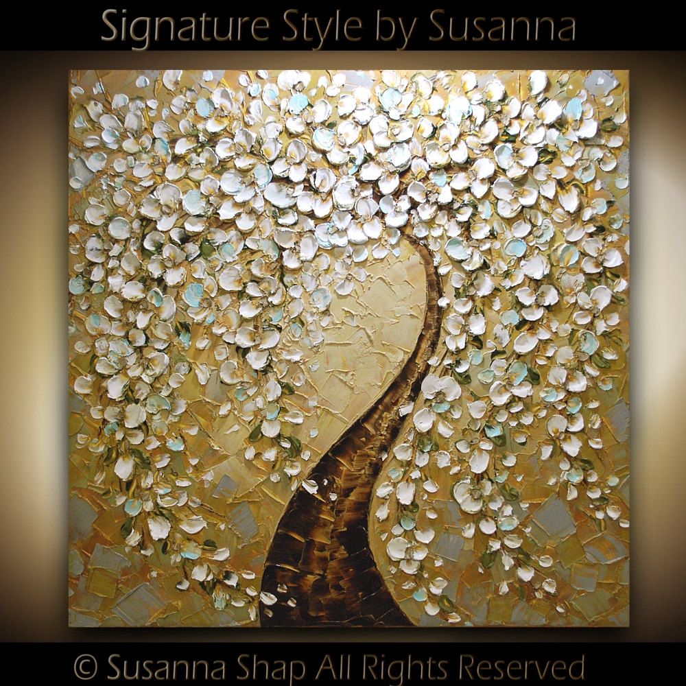 1000x1000 Huge Abstract White Cherry Blossom Tree Landscape Oil Painting - White Cherry Blossom Painting