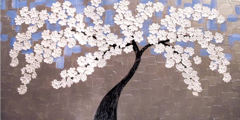770x385 Saatchi Art Abstract Blue Silver Mosaic White Cherry Blossom Tree - White Cherry Blossom Painting
