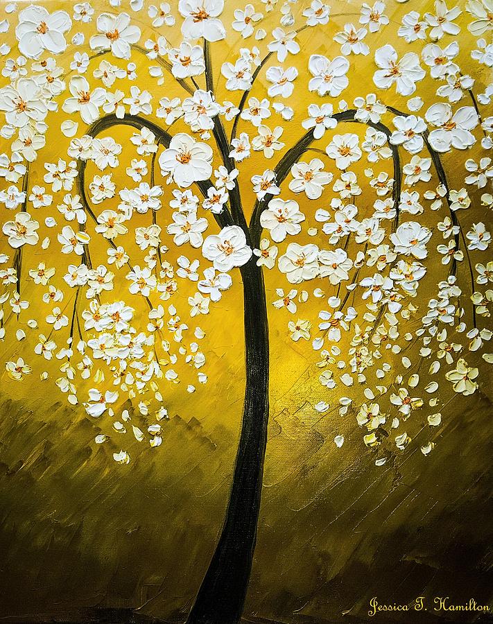 711x900 White Cherry Blossom Tree Painting By Jessica T Hamilton - White Cherry Blossom Painting