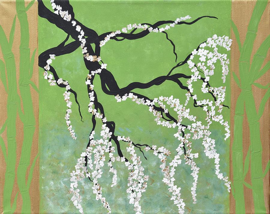 900x715 Zen Bamboo Painting Cherry Blossoms Art Oriental Flower Art White - White Cherry Blossom Painting