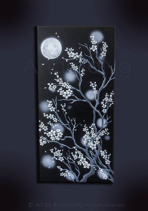 564x805 Black And White Cherry Blossom Moon Painting Original Art, Dark - White Cherry Blossom Painting