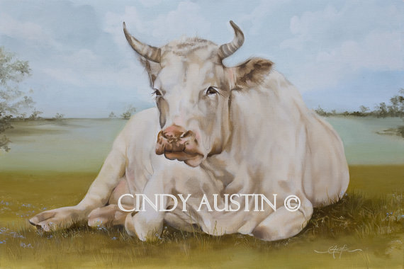 570x380 Cow Painting Eulalie Giclee Print - White Cow Painting