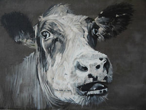 300x225 Farm Animal Black Amp White Cow Signed Oil Painting By Sarah - White Cow Painting