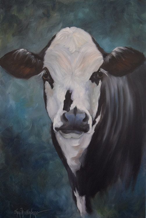 502x750 Painting, Animal,cow, Black White Turquoise,ellie Mae, 20x30 - White Cow Painting