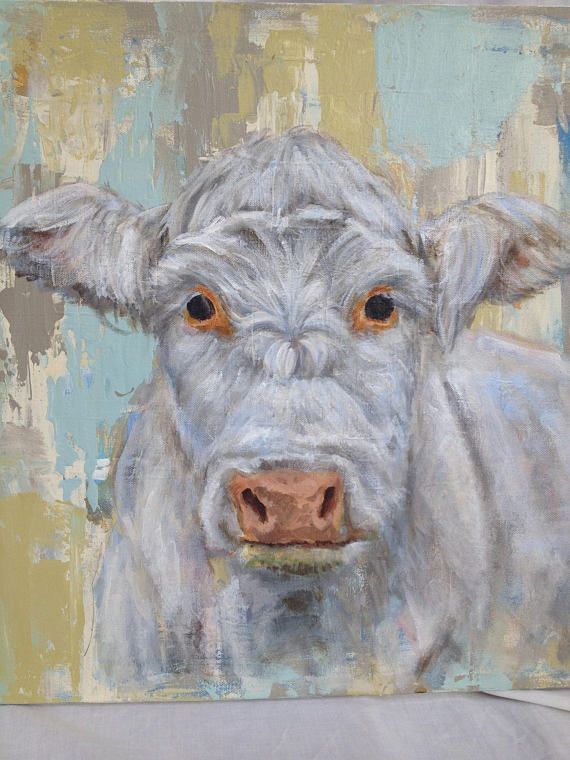 570x760 White Cow Painting, 20x20 Cow Painting, Animal Art, Farmhouse - White Cow Painting