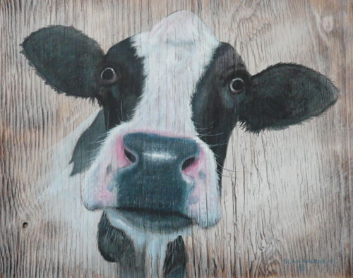 500x394 Black And White Cow Wooden Sign Plaque Prints Painting By Sean - White Cow Painting