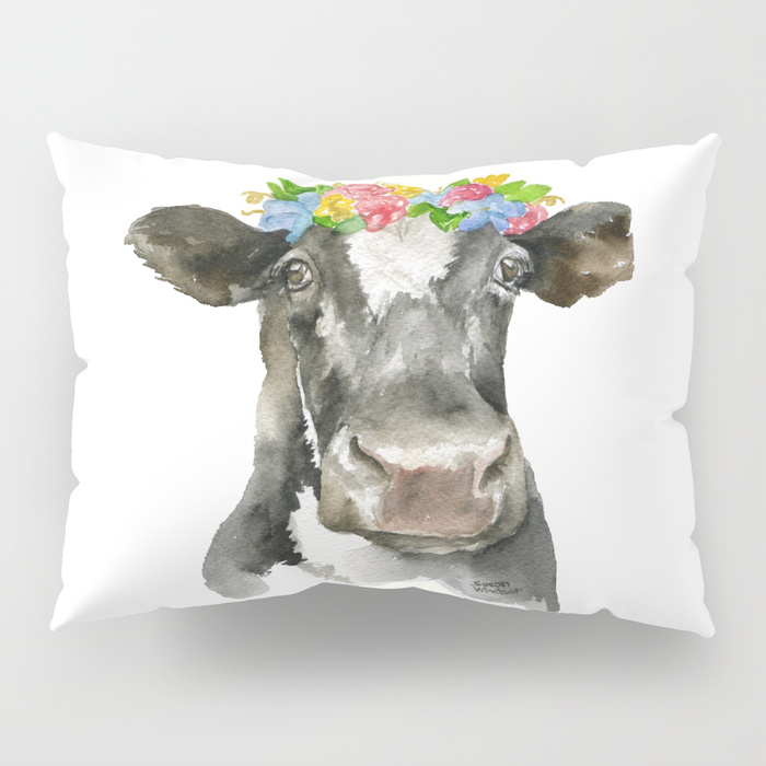 700x700 Black And White Cow With Floral Crown Watercolor Painting Pillow - White Cow Painting