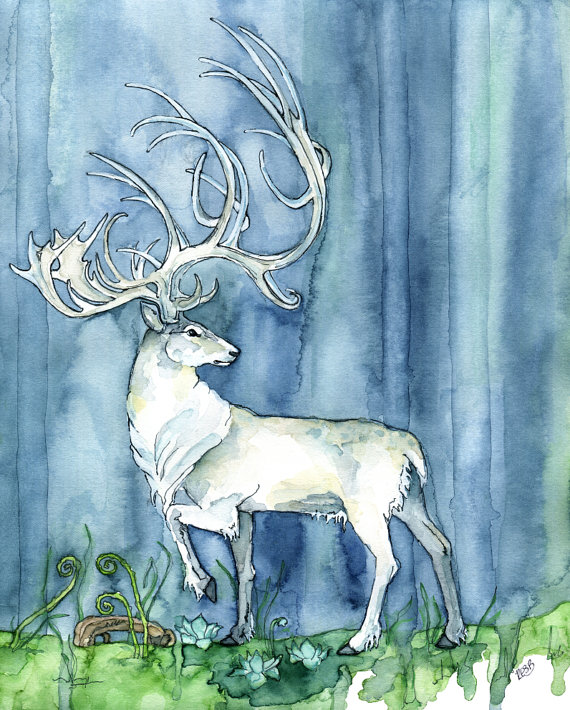 570x710 Watercolor Painting White Stag Painting Watercolor Print - White Deer Painting
