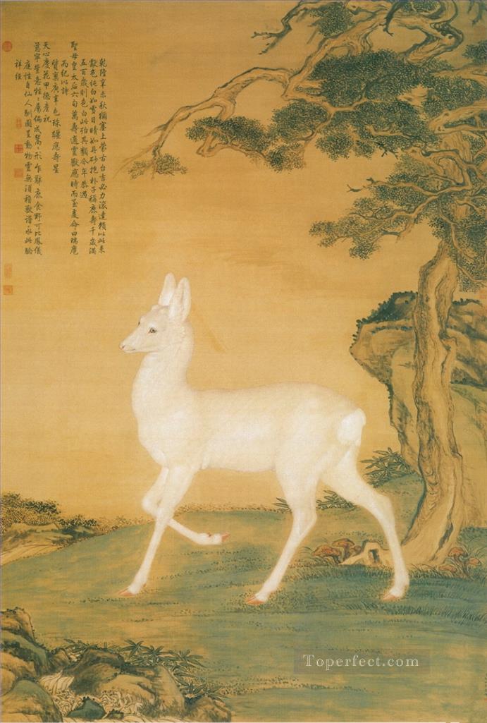 691x1025 Lang Shining White Deer Old Chinese Painting In Oil For Sale - White Deer Painting
