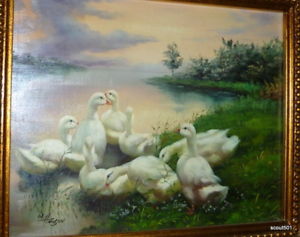 300x237 Original Signed 1979 Oil On Wood Painting Marc Hanson White Ducks - White Duck Painting