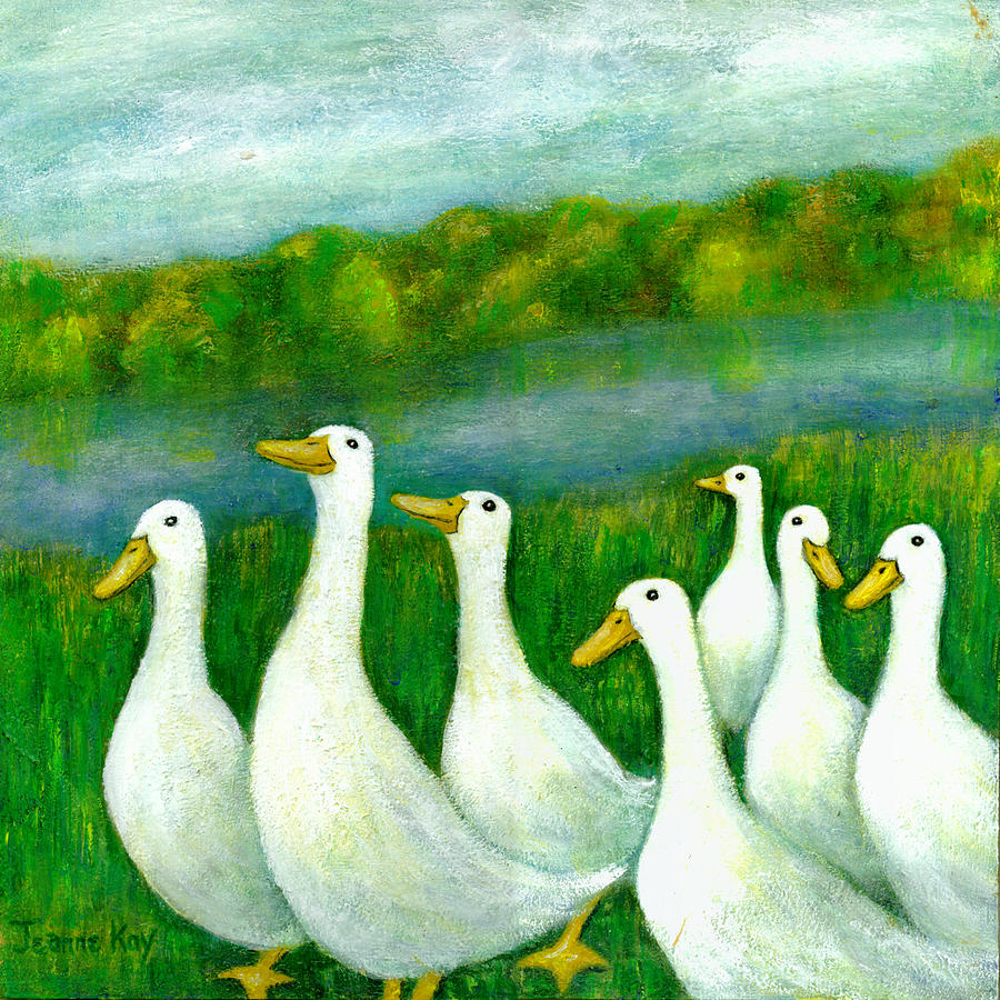 900x900 Parade Of White Ducks Painting By Jeanne Kay Juhos - White Duck Painting