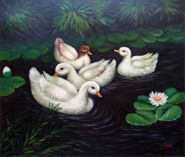640x542 Hand Painted Wall Art Summer Green River White Ducks Home - White Duck Painting