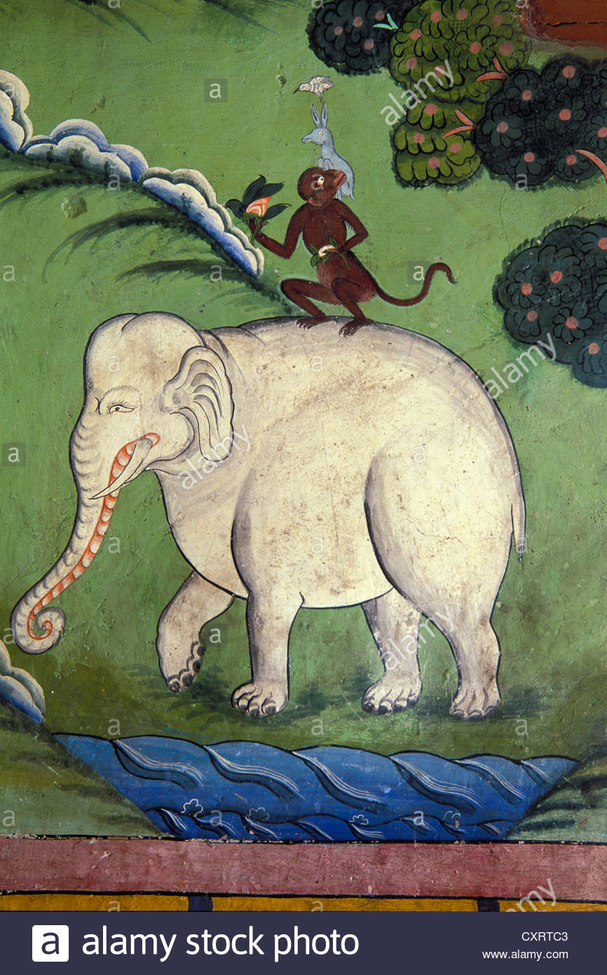 866x1390 Monkey Sitting On A White Elephant, Wall Painting Or Fresco, Likir - White Elephant Painting