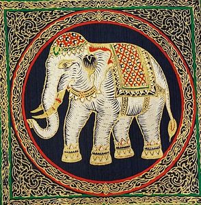 294x300 Dark Blue Thai Silk Painting White Elephant Art Poster Print Asian - White Elephant Painting