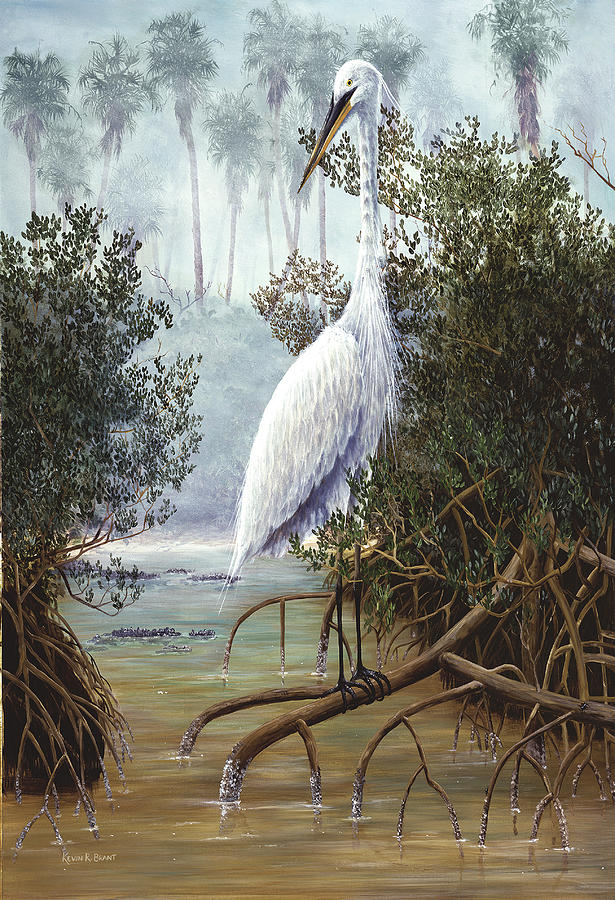 615x900 Great White Heron Painting By Kevin Brant - White Heron Painting