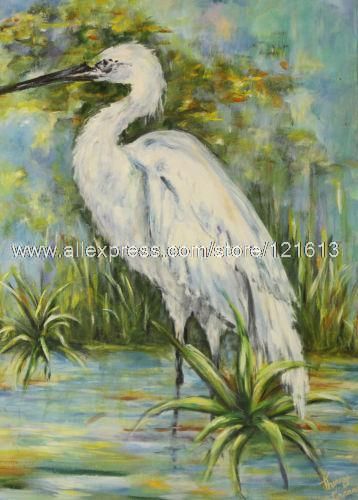 358x500 Impressionist Painting Fine Art White Heron Handmadebrazil Oil - White Heron Painting