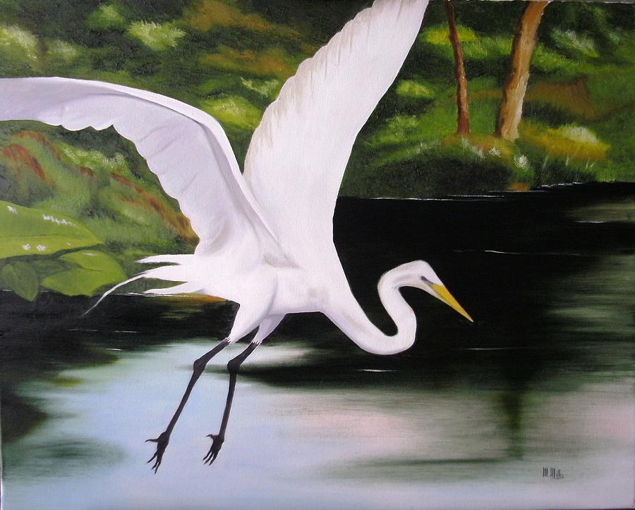 900x724 White Heron In Flight Painting By Maria Mills - White Heron Painting