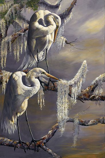 366x551 White Heron And Moss In Tree - White Heron Painting