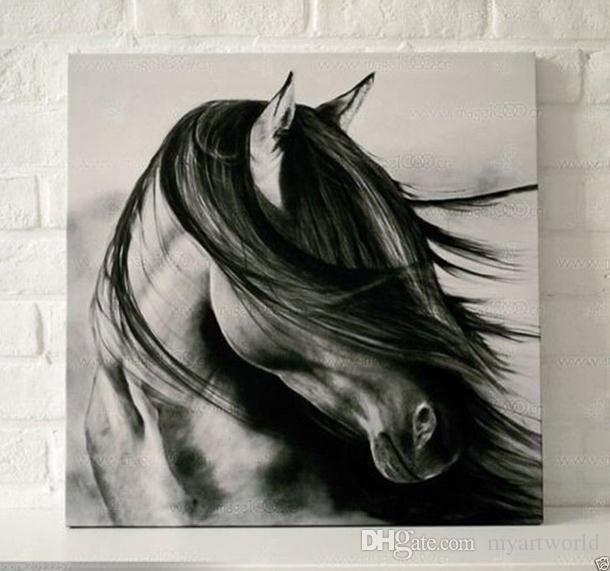 610x571 2018 Framed Black White Horse,pure Hand Painted Contemporary Wall - White Horse Canvas Painting