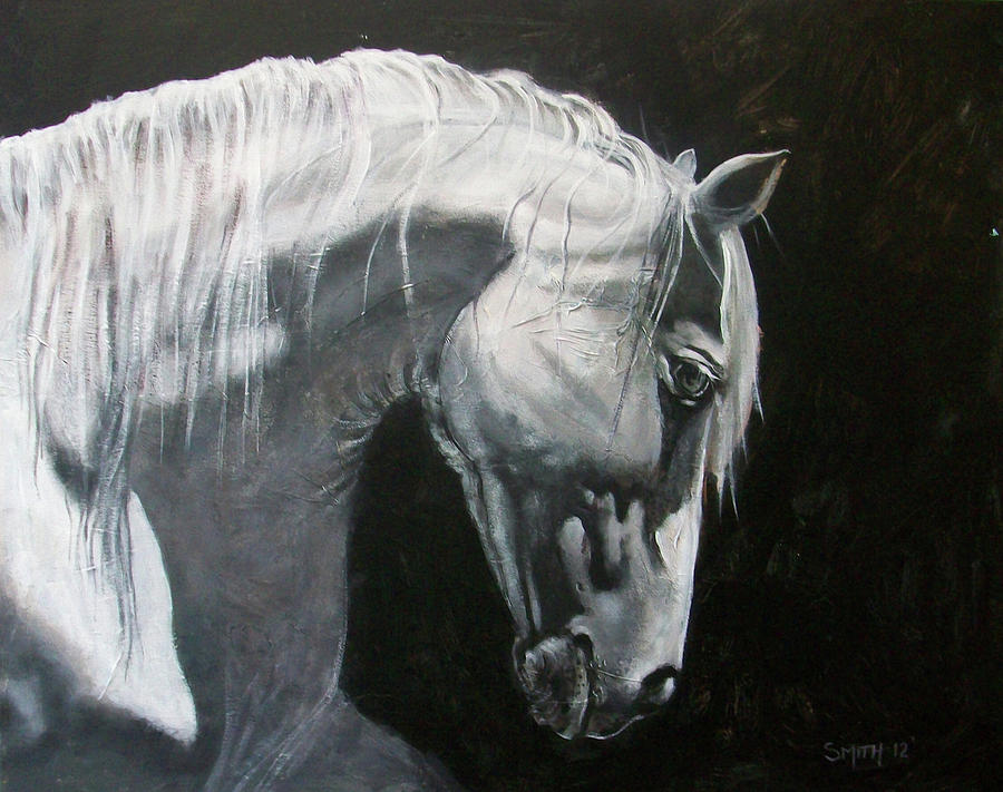 900x711 White On Black Painting By Tom Smith - White Horse Head Painting