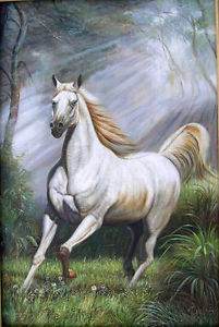 201x300 Art Oil Painting White Horse Running Forest Landscape - White Horse Oil Painting