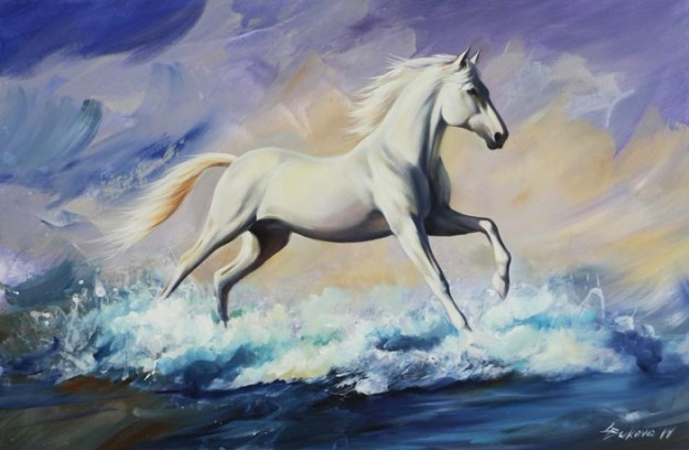 625x408 Large Running White Horse, Sea Shore, Seascape, - White Horse Painting